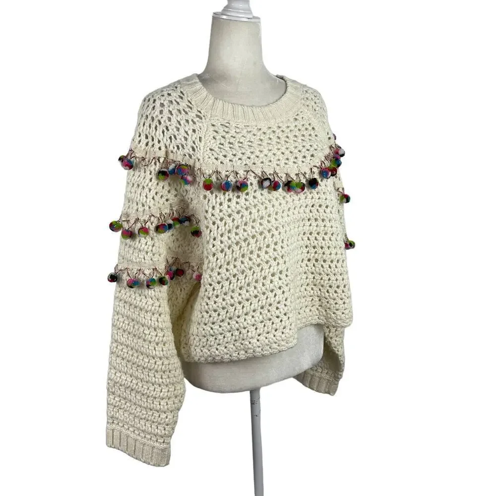 Zara Knit Chunky Pom Pom Oversized Jumper Sweater Size Small Cream